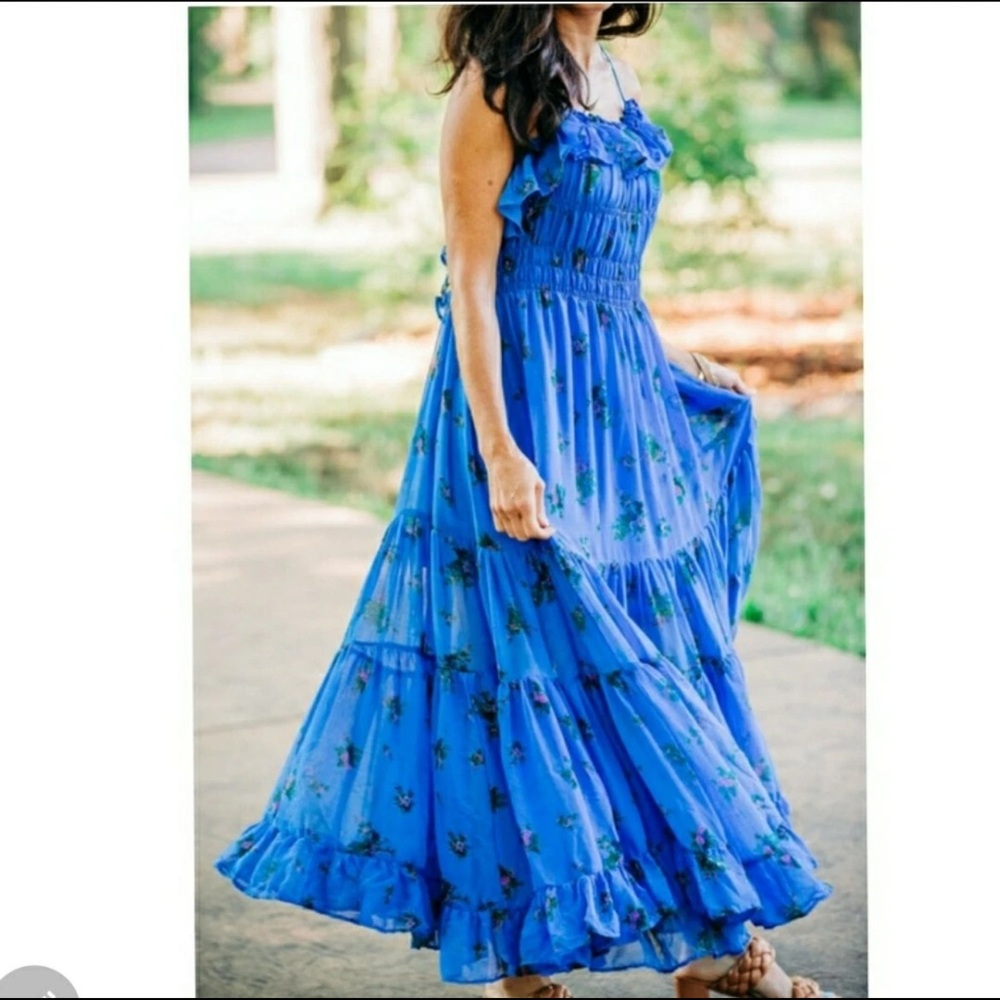 Free People Cloud Nine Smocked Ruffle Maxi Dress Blue Floral Size Small - Picture 2 of 10